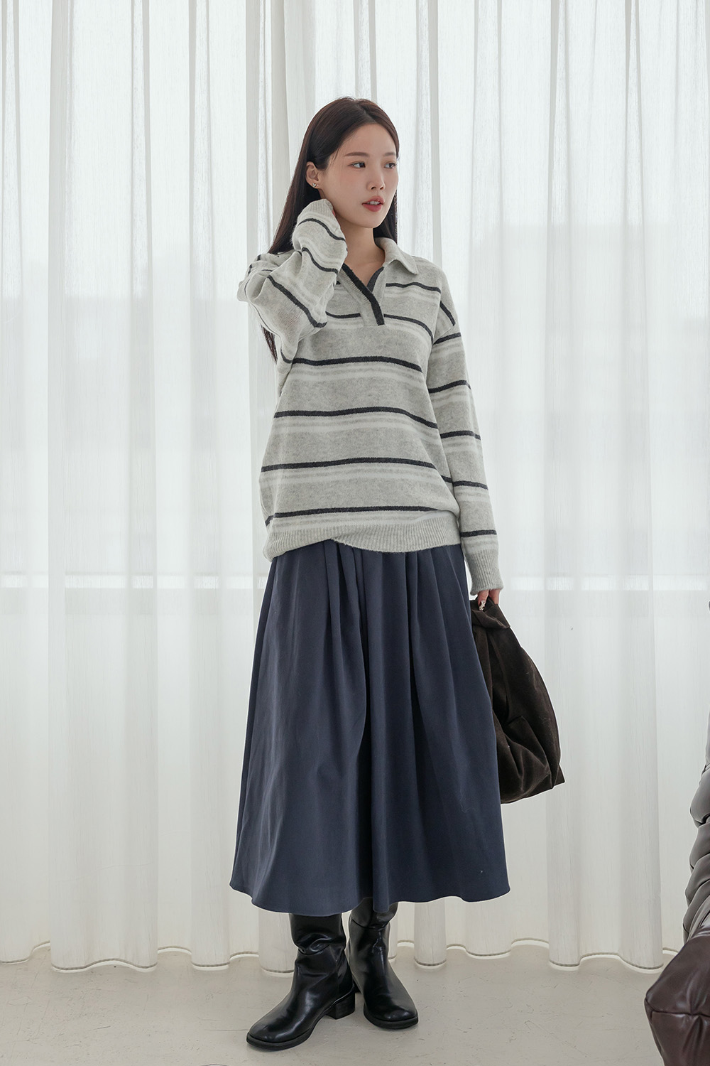 Chill Day翻領配色條紋針織衫