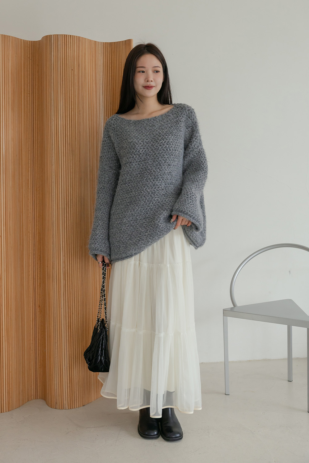 米蘭街頭 船領寬鬆粗針織毛衣