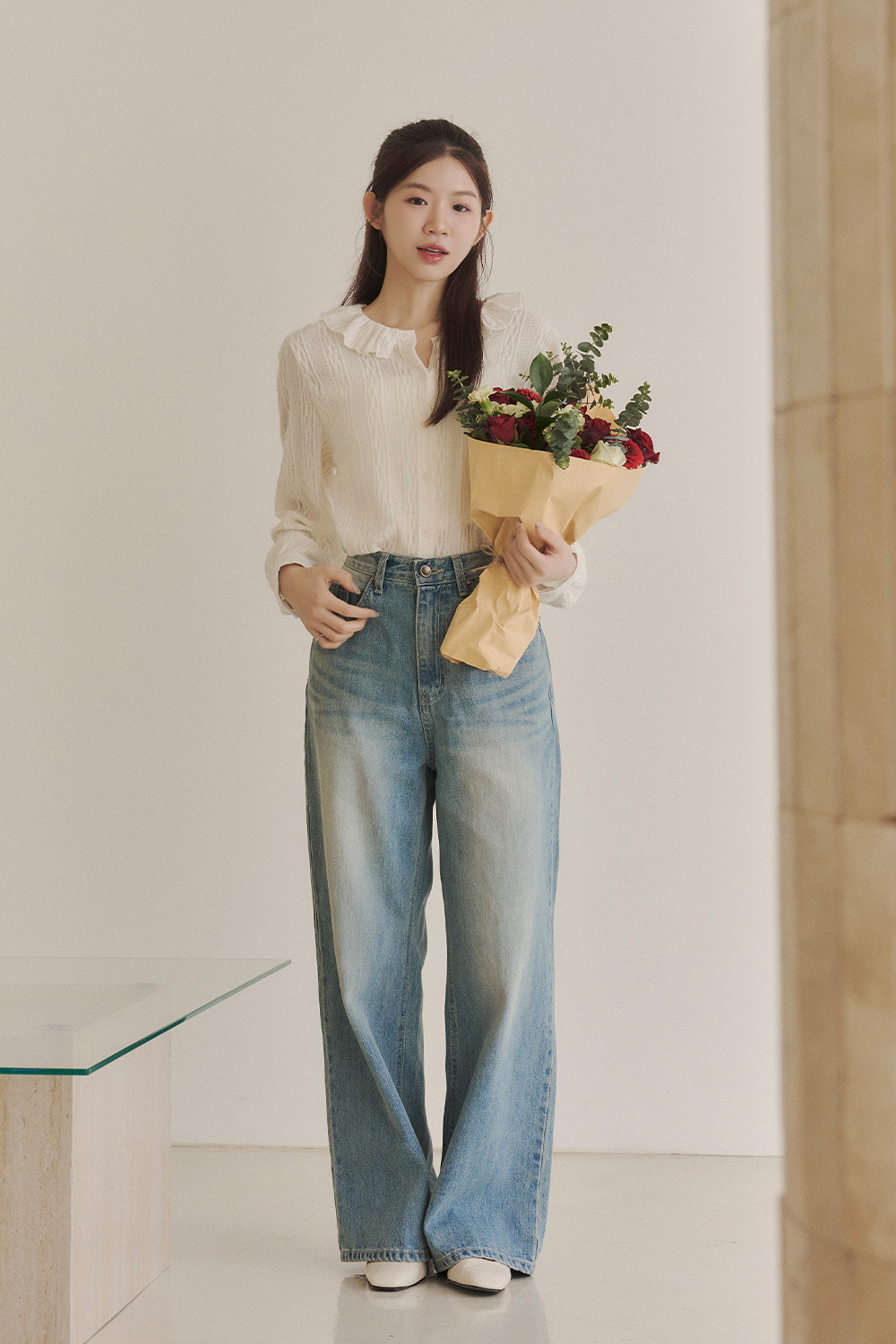 好久不見 荷葉領磨毛緹織襯衫