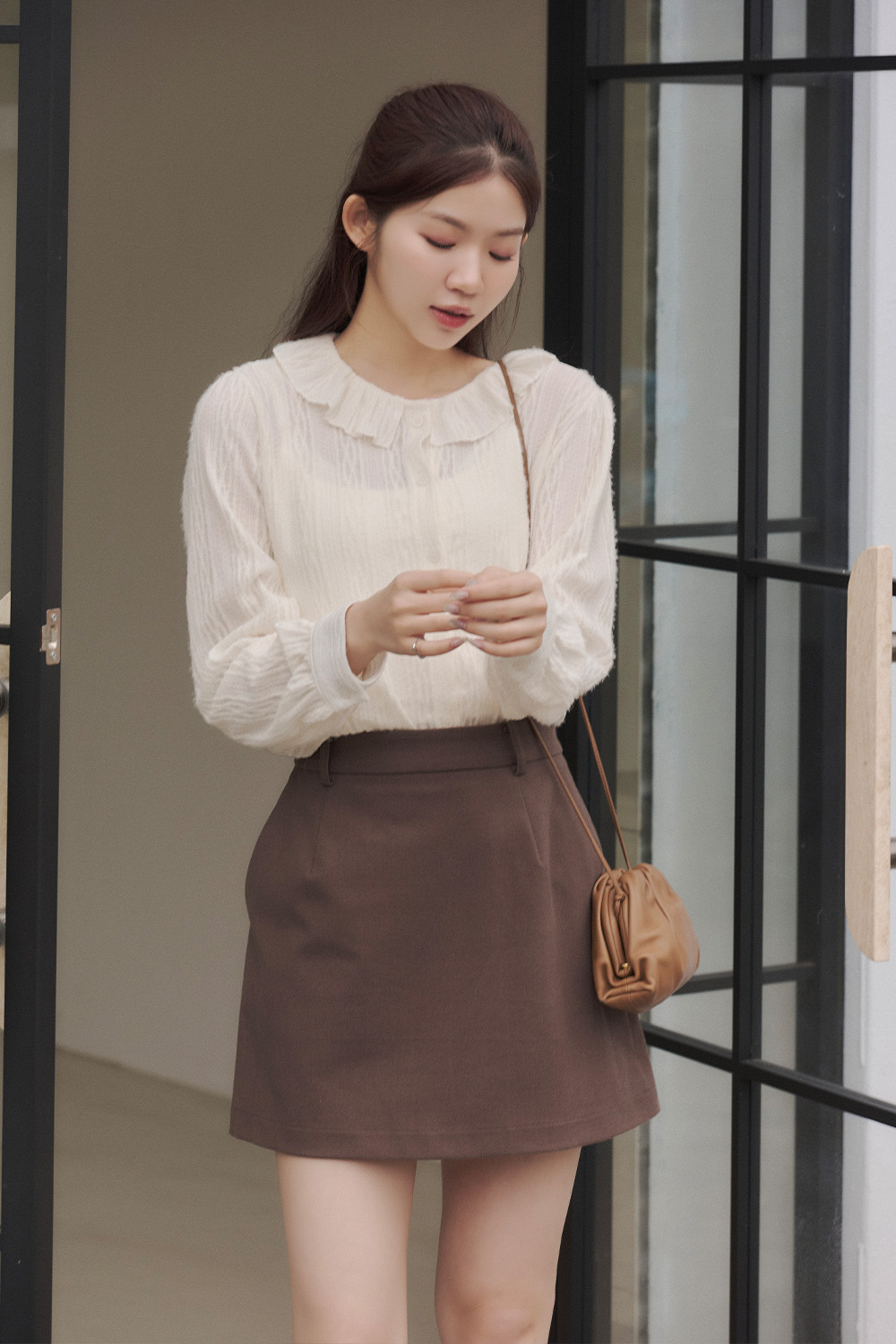 好久不見 荷葉領磨毛緹織襯衫