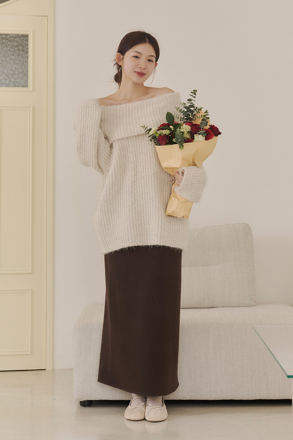 浪漫約會 一字領露肩針織毛衣