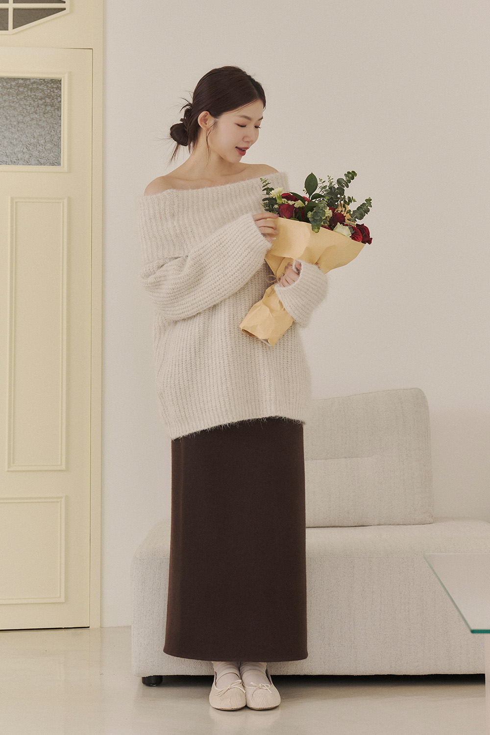 浪漫約會 一字領露肩針織毛衣