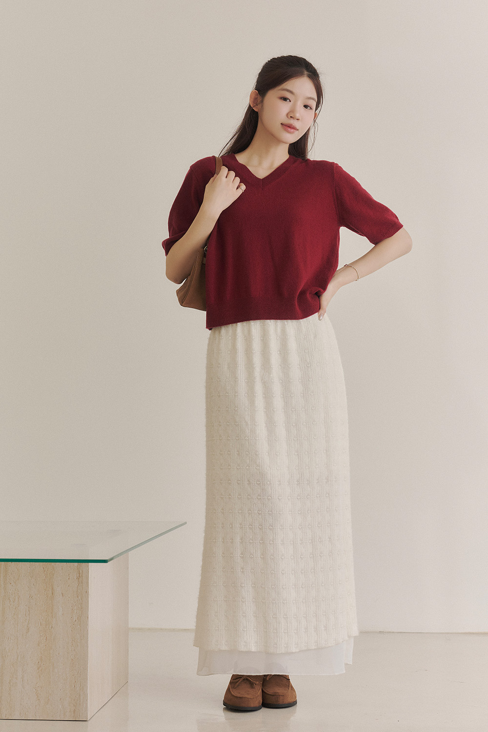 OL日常 親膚羊毛V領短袖針織衫