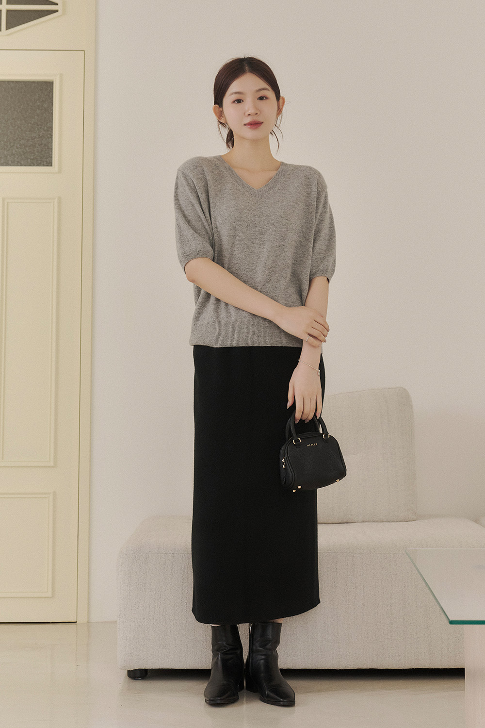 OL日常 親膚羊毛V領短袖針織衫