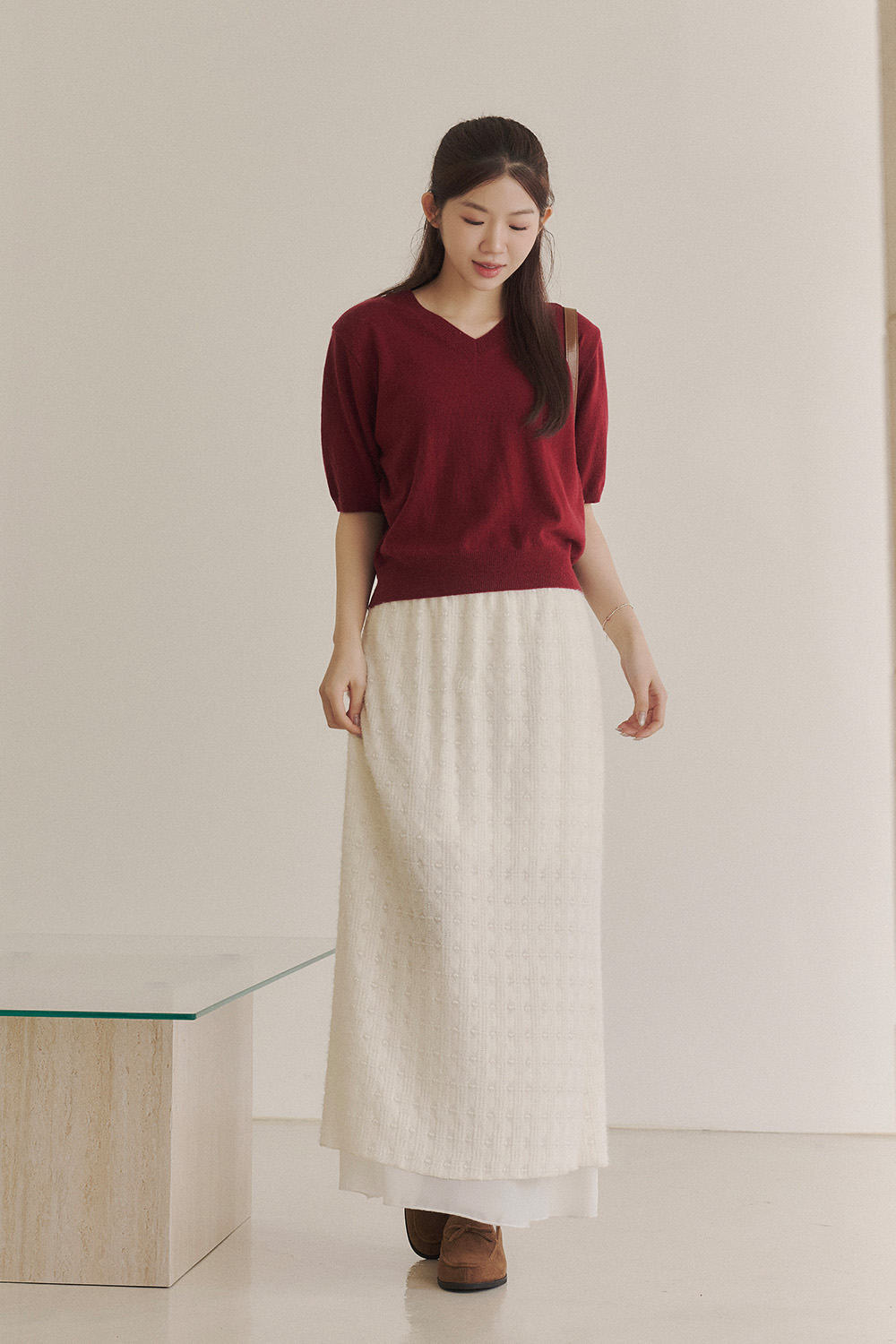 OL日常 親膚羊毛V領短袖針織衫