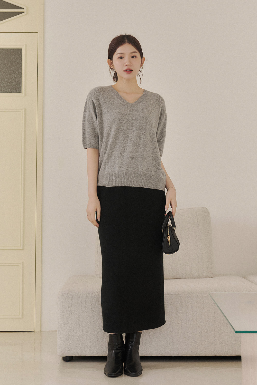 OL日常 親膚羊毛V領短袖針織衫