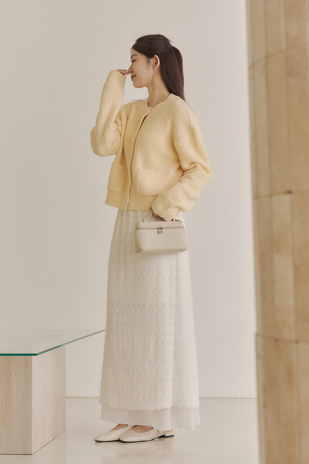 奶油鵝黃 圈圈紗雙口袋針織外套