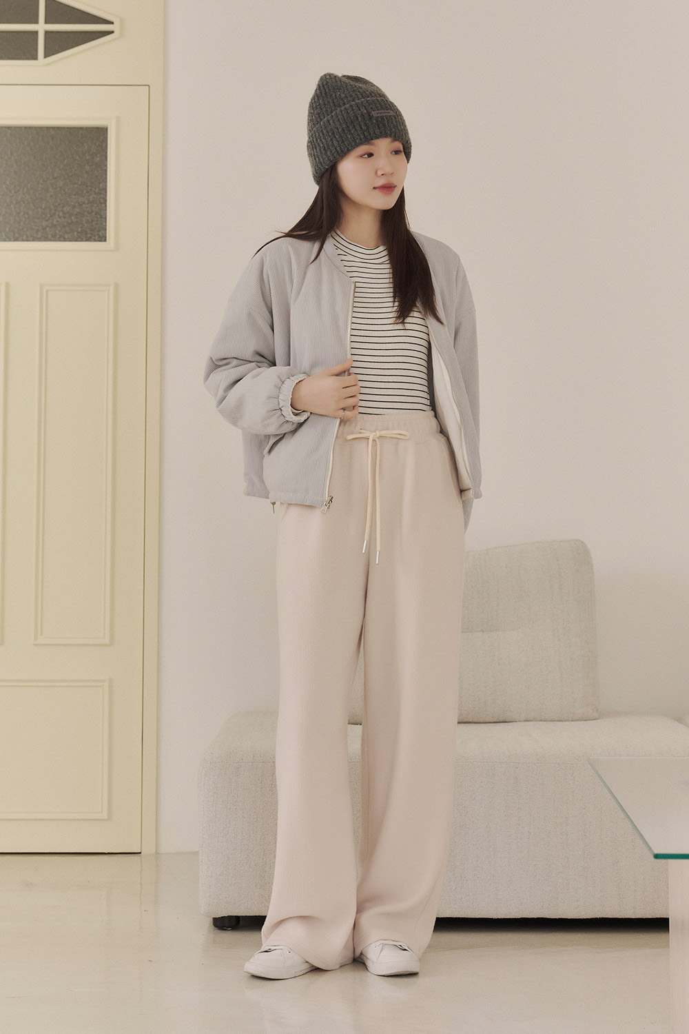 挑戰小棉襖 磨毛坑條寬褲