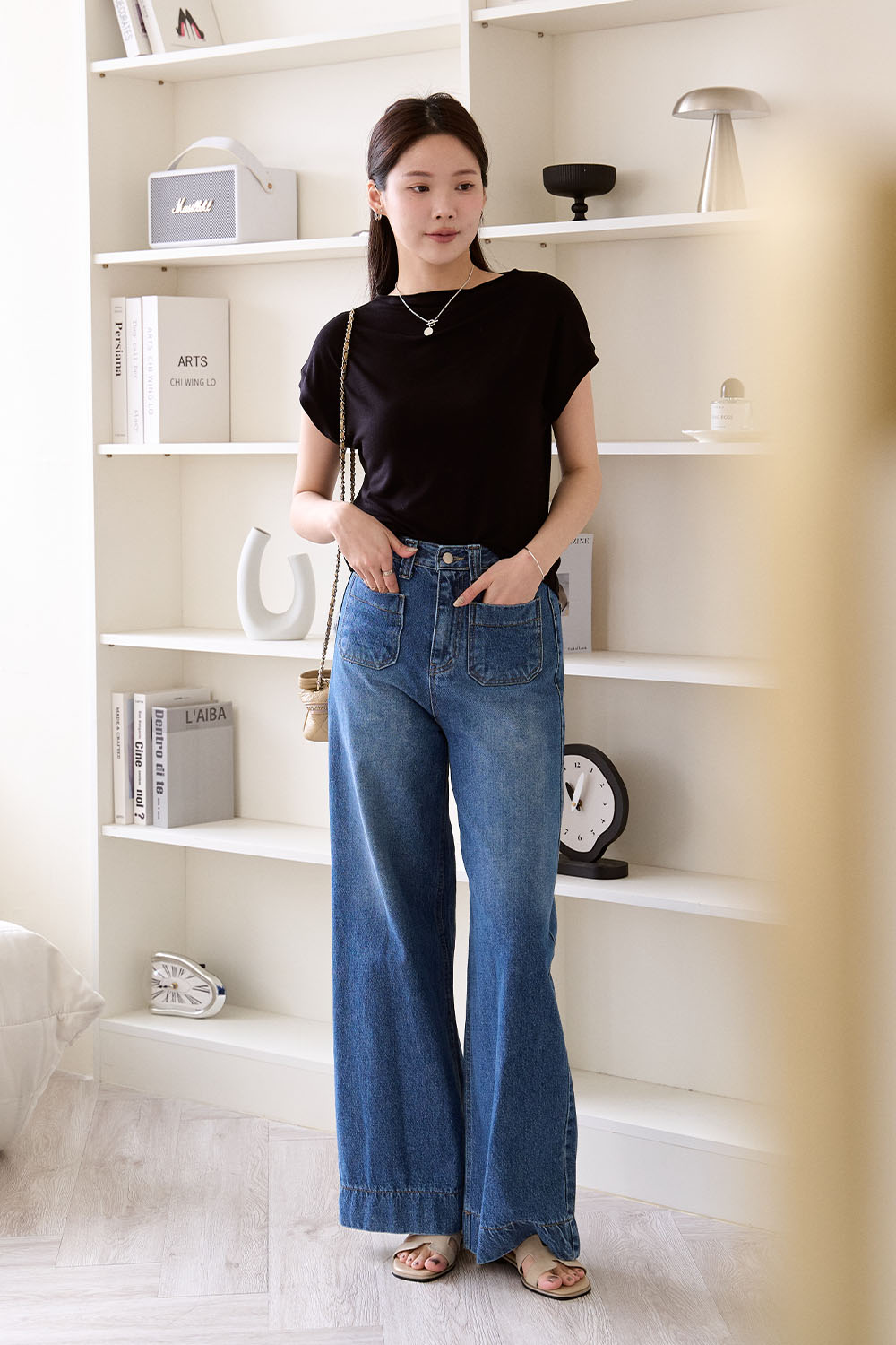 時尚養成 高腰雙口袋牛仔寬褲 S-L