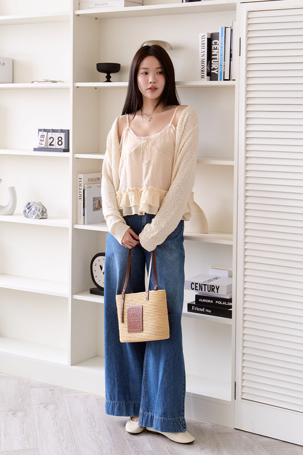 時尚養成 高腰雙口袋牛仔寬褲 S-L