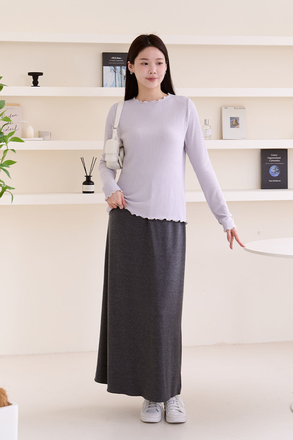 絕佳單品 捲邊坑條長袖上衣