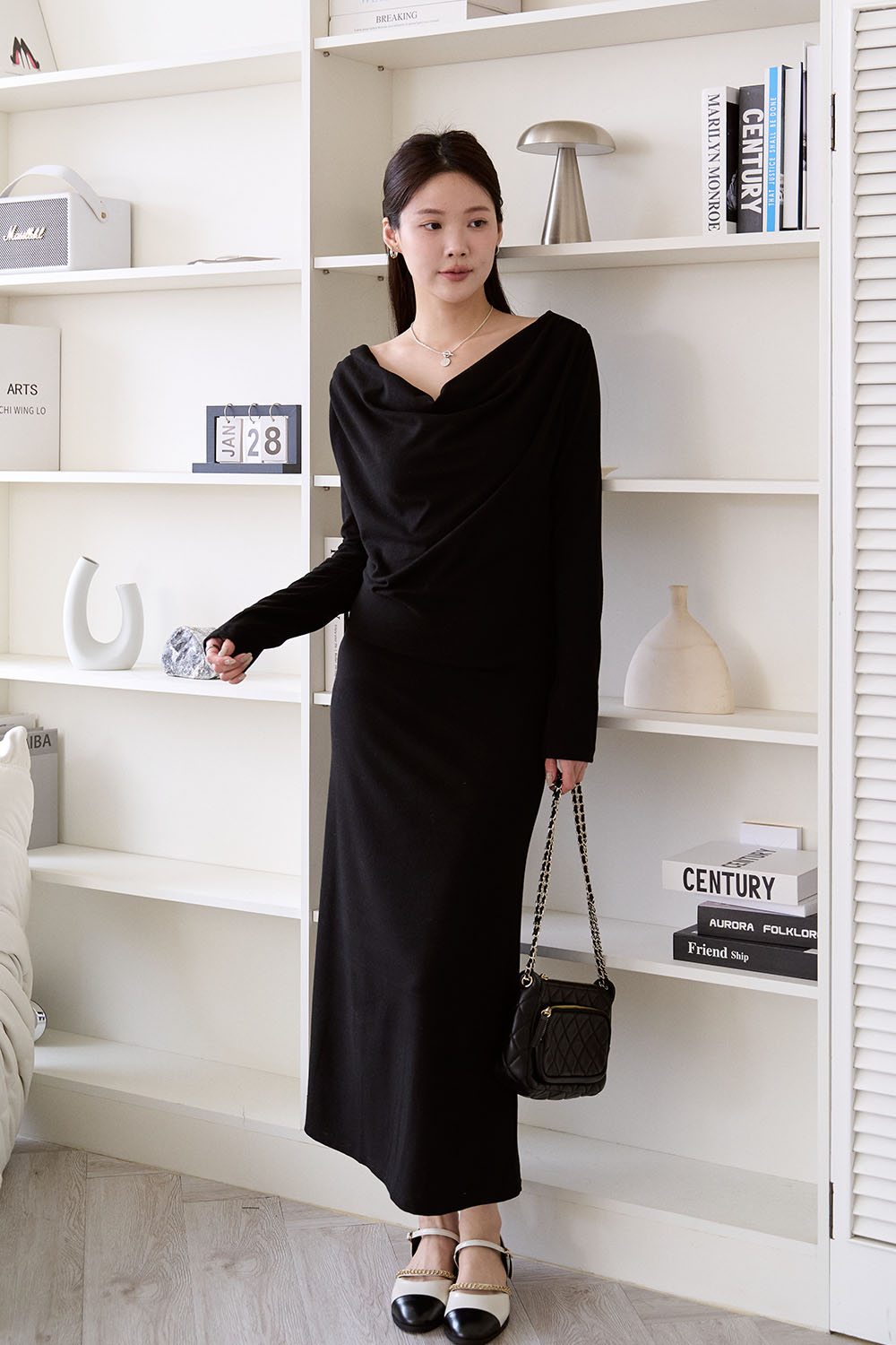 許妳耀眼 垂領修身長袖洋裝