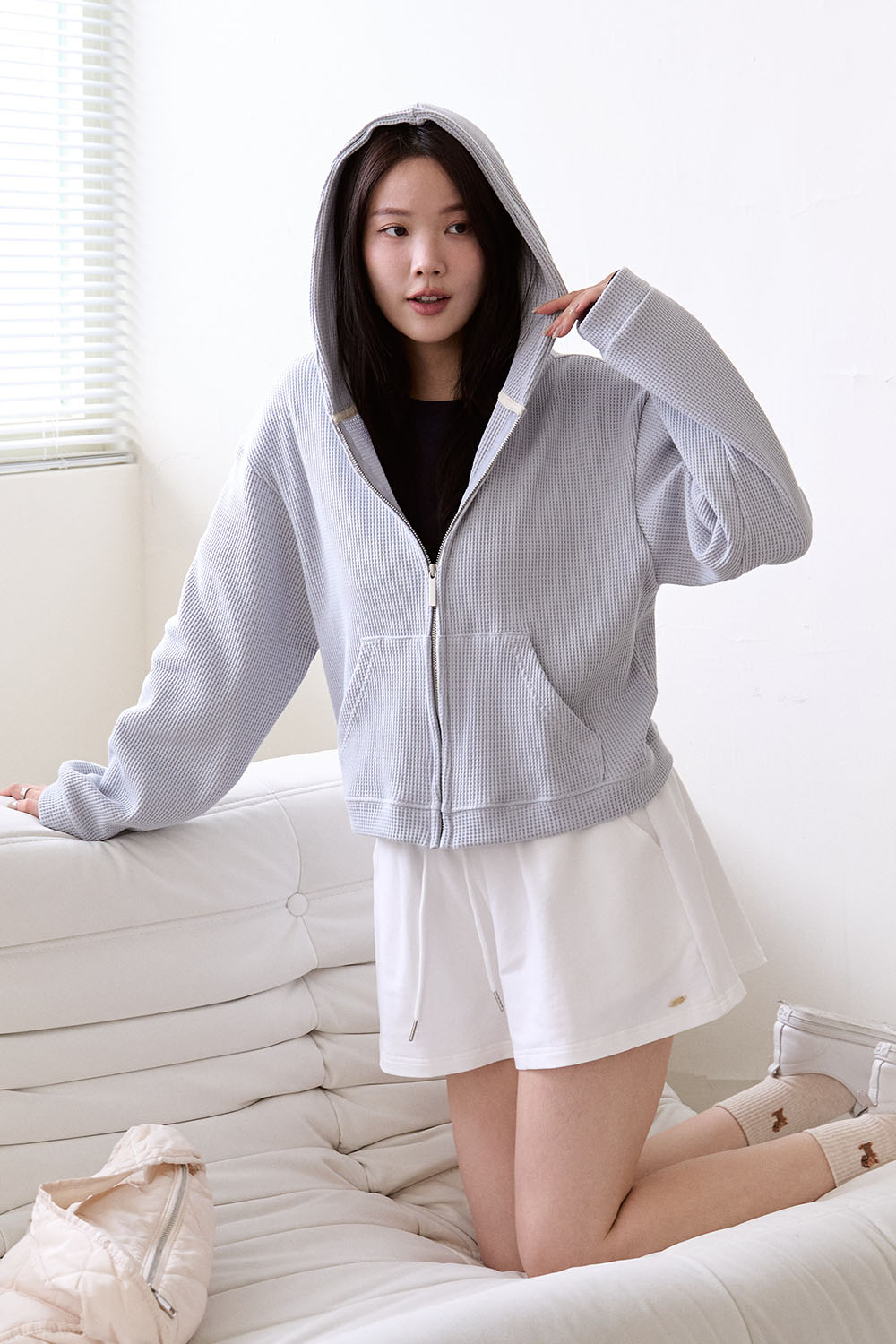 就愛連帽 鬆餅格連帽拉鍊外套