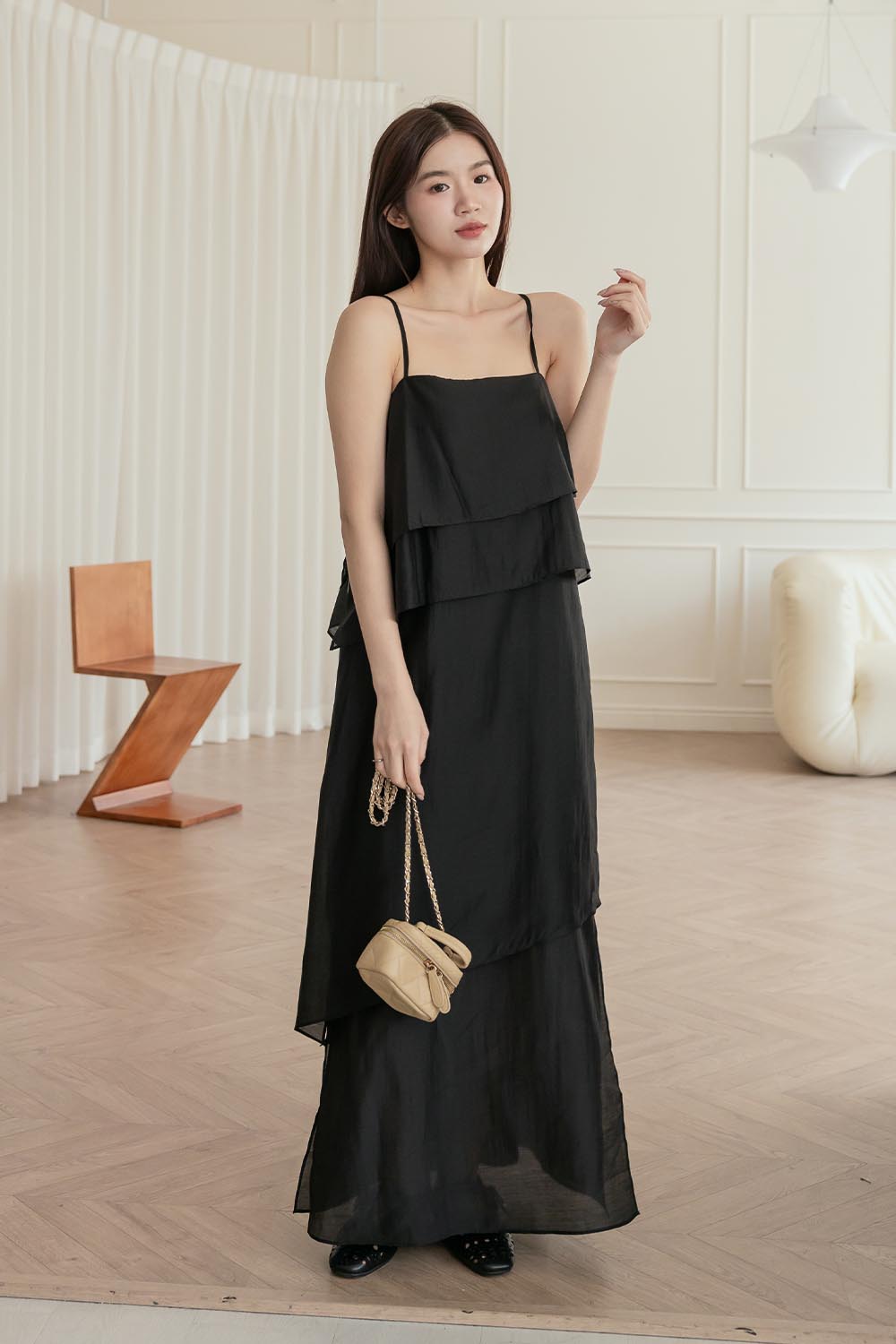 精靈國度 後綁帶細肩帶層次長洋裝