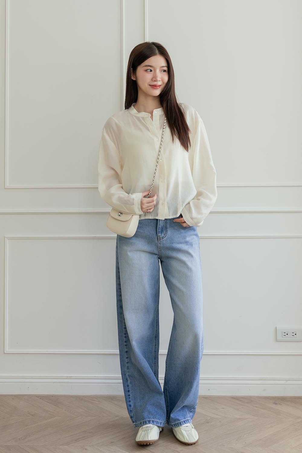 輕透濾鏡 微光澤質感無領襯衫