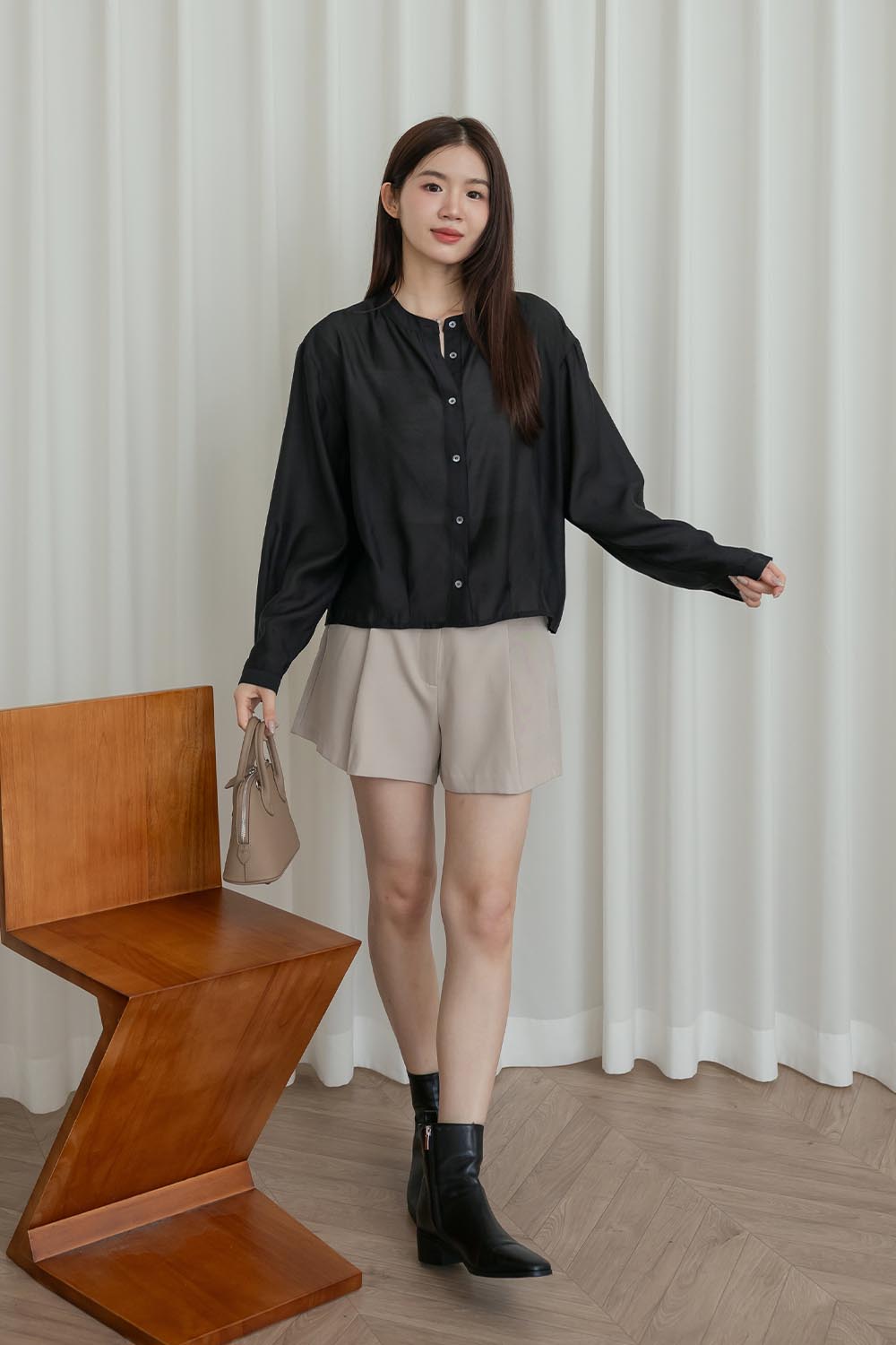 輕透濾鏡 微光澤質感無領襯衫