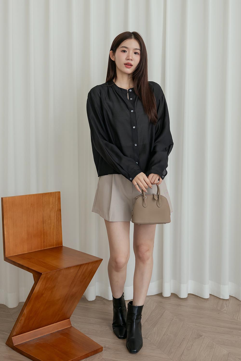 輕透濾鏡 微光澤質感無領襯衫