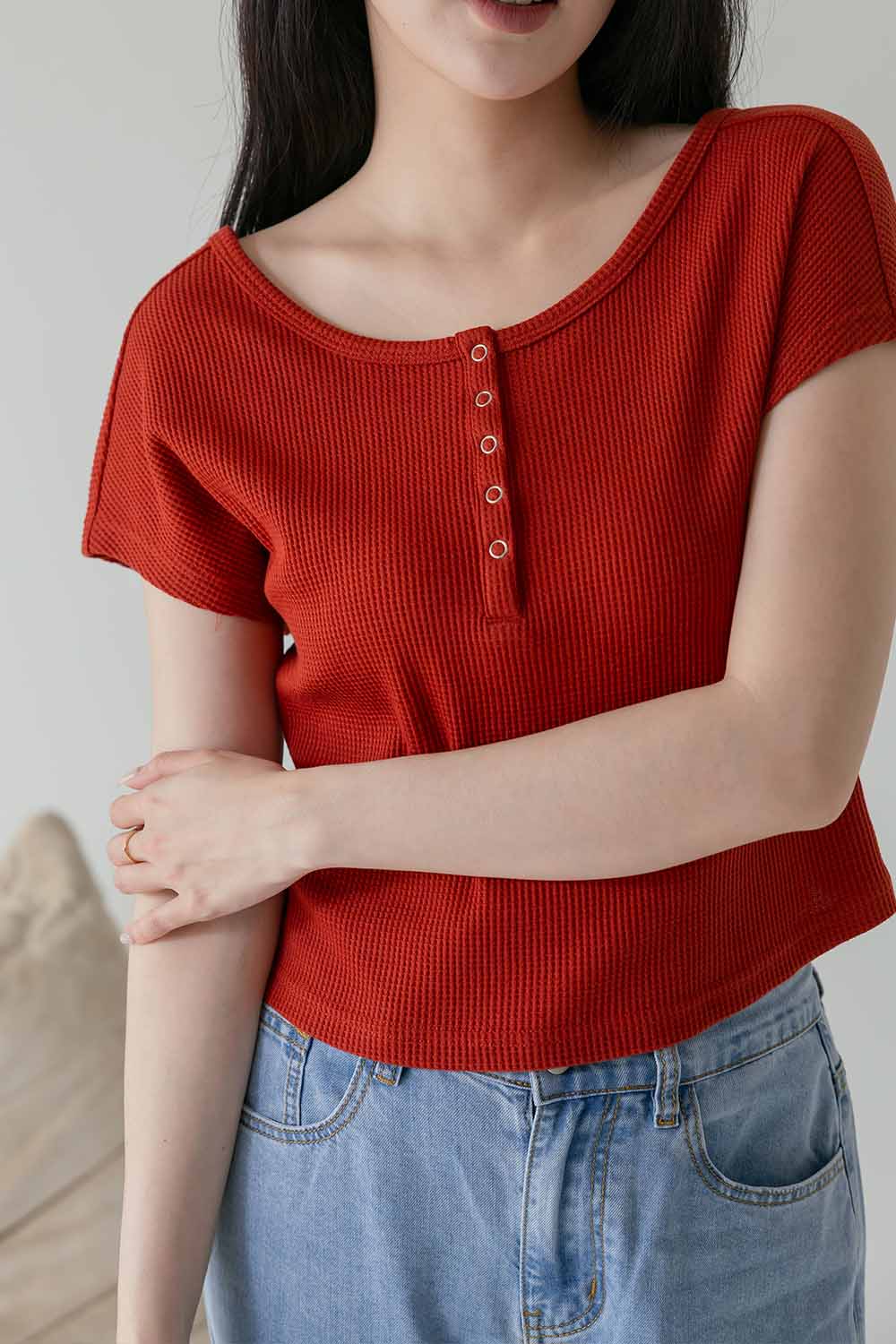 HEALER Made 自然有腰 兩面穿開釦鬆餅格短T