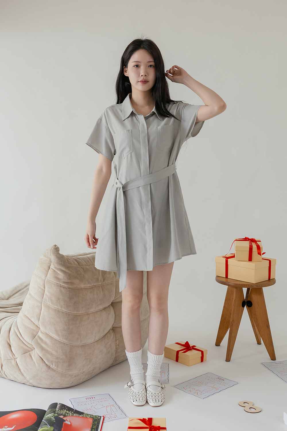 HEALER Made 薄片短洋 翻領開襟綁帶短洋裝