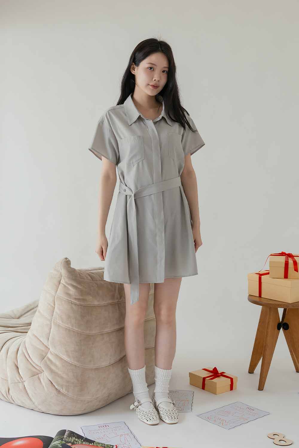 HEALER Made 薄片短洋 翻領開襟綁帶短洋裝