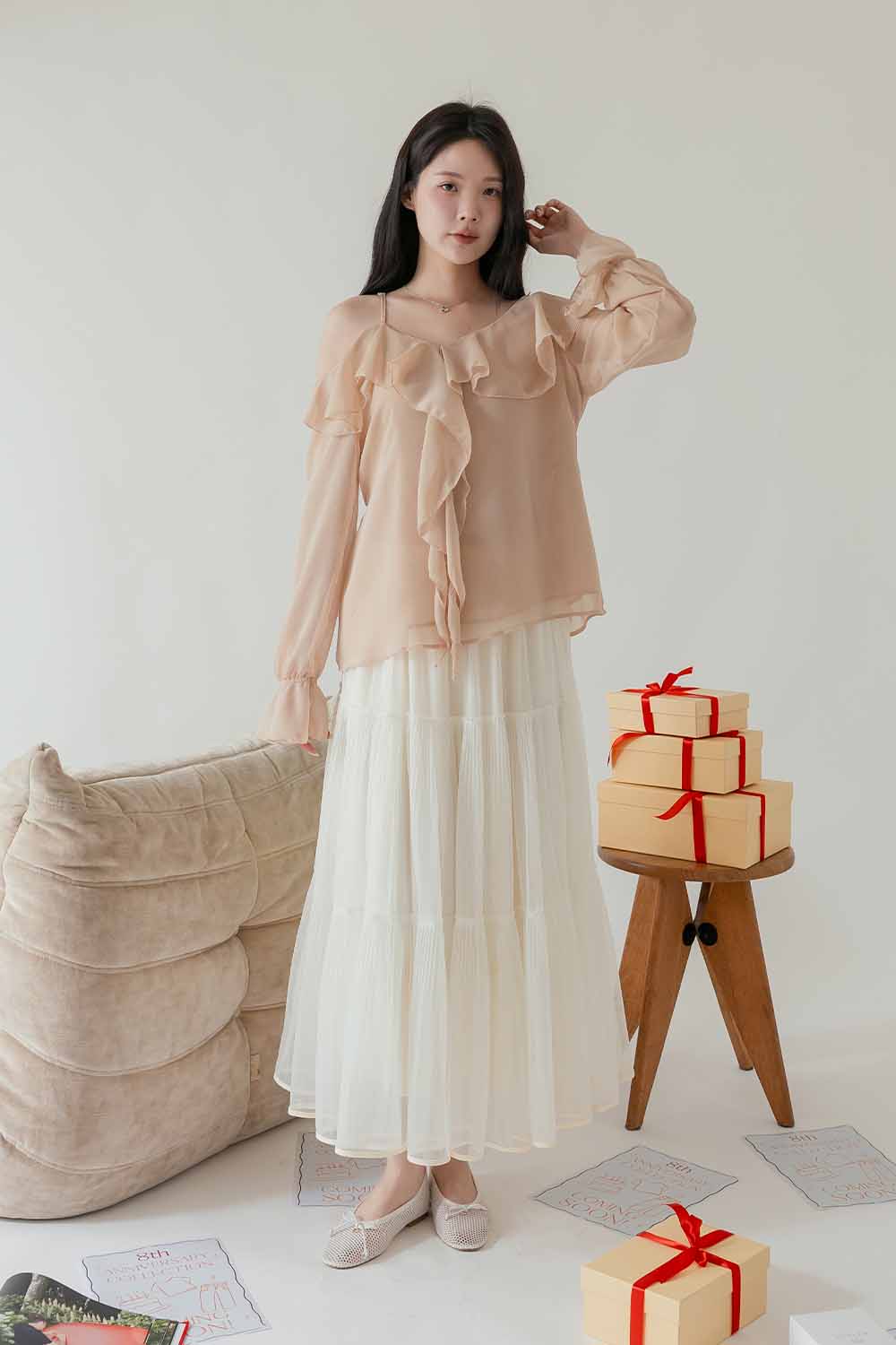 浪漫基因 露肩荷葉雪紡上衣