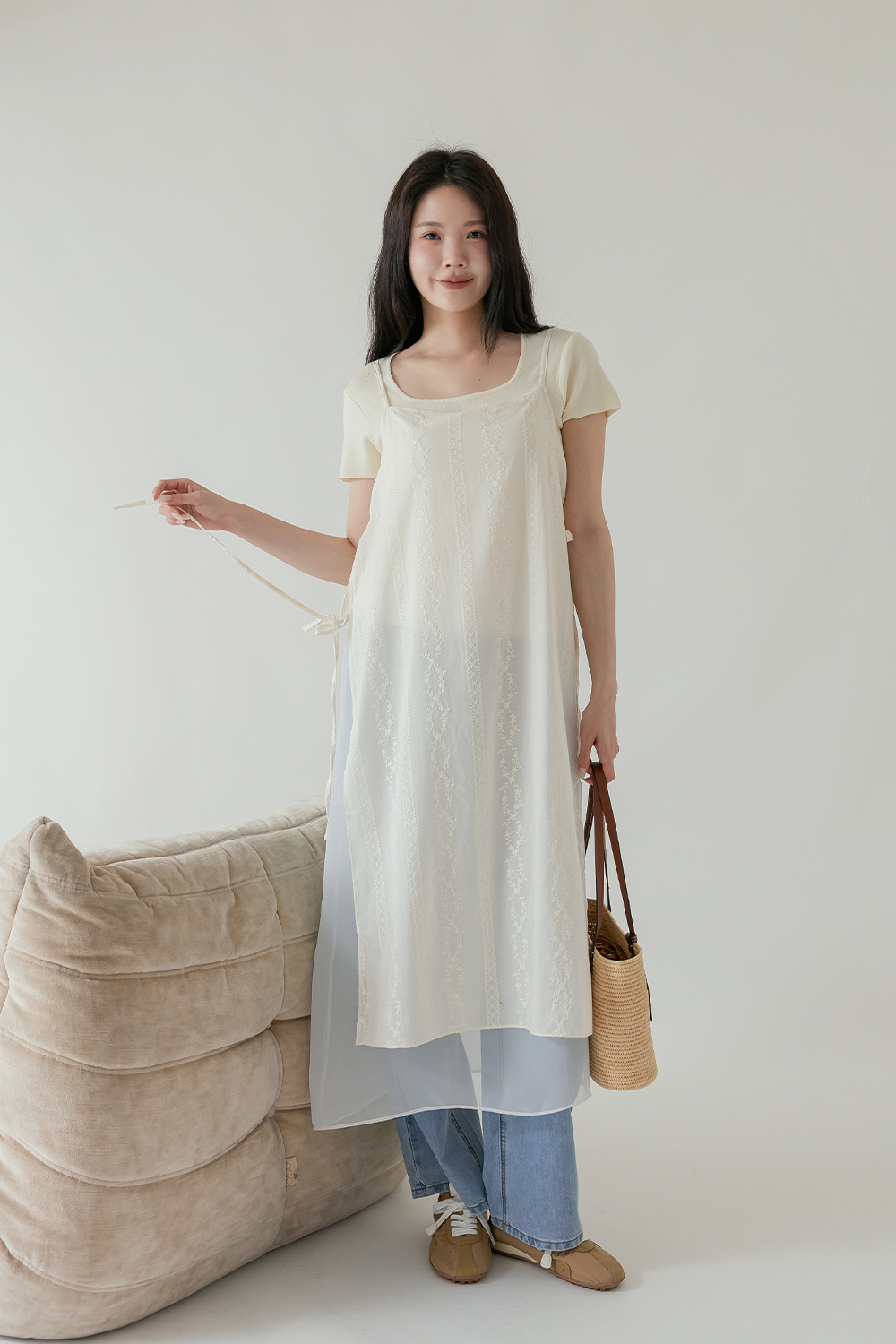 花神 蕾絲繡花雙層側綁帶洋裝