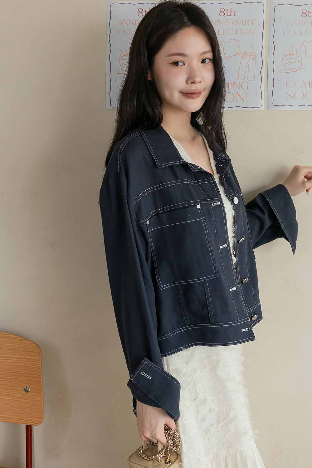 最薄的丹寧外 質感車線口袋外套