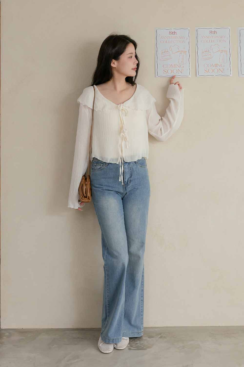 蜂蜜優格 荷葉領雙綁帶上衣