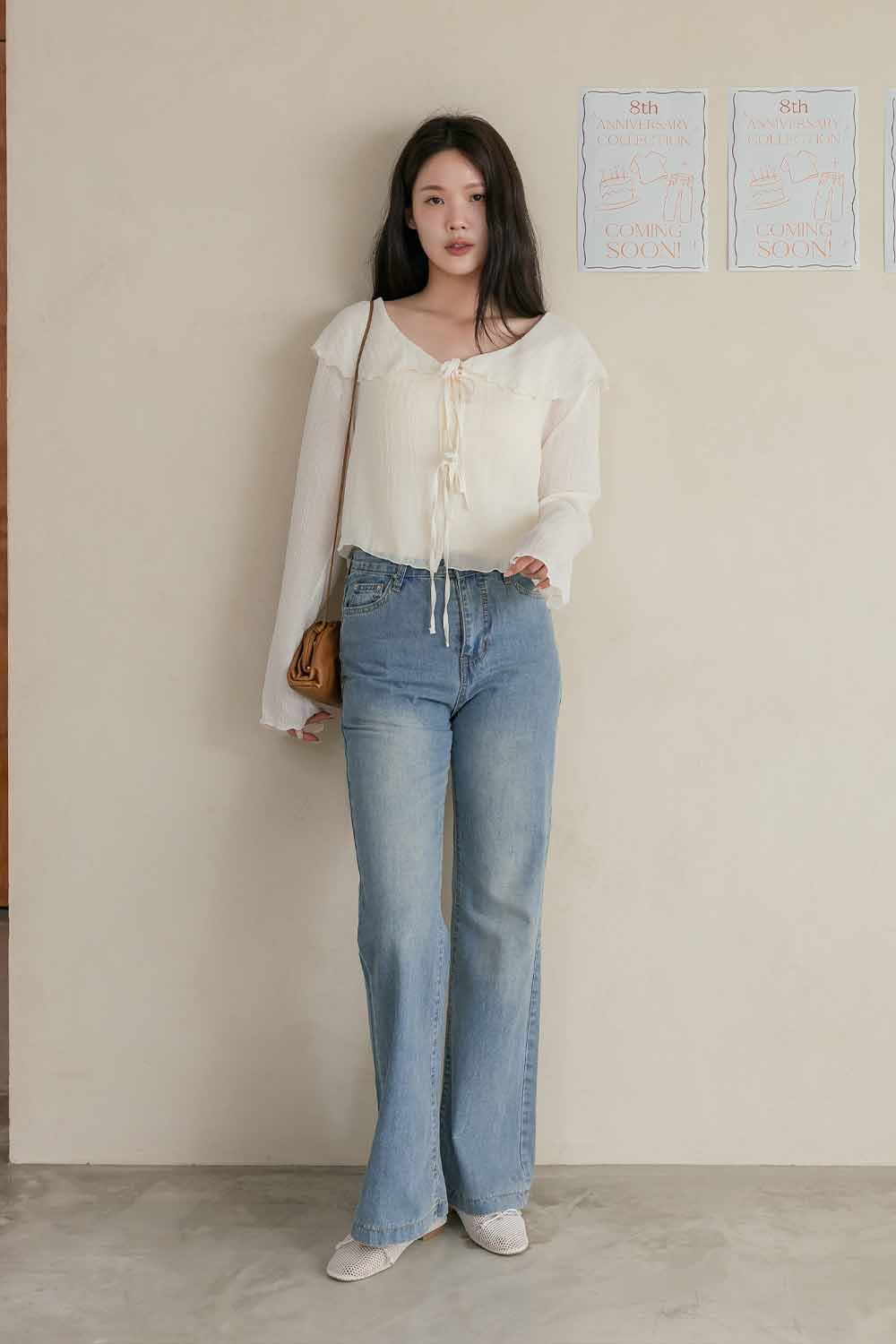 蜂蜜優格 荷葉領雙綁帶上衣