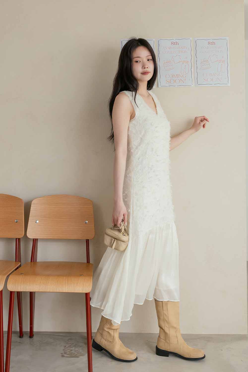 戀愛預告 羽毛緹花拼接背心洋裝