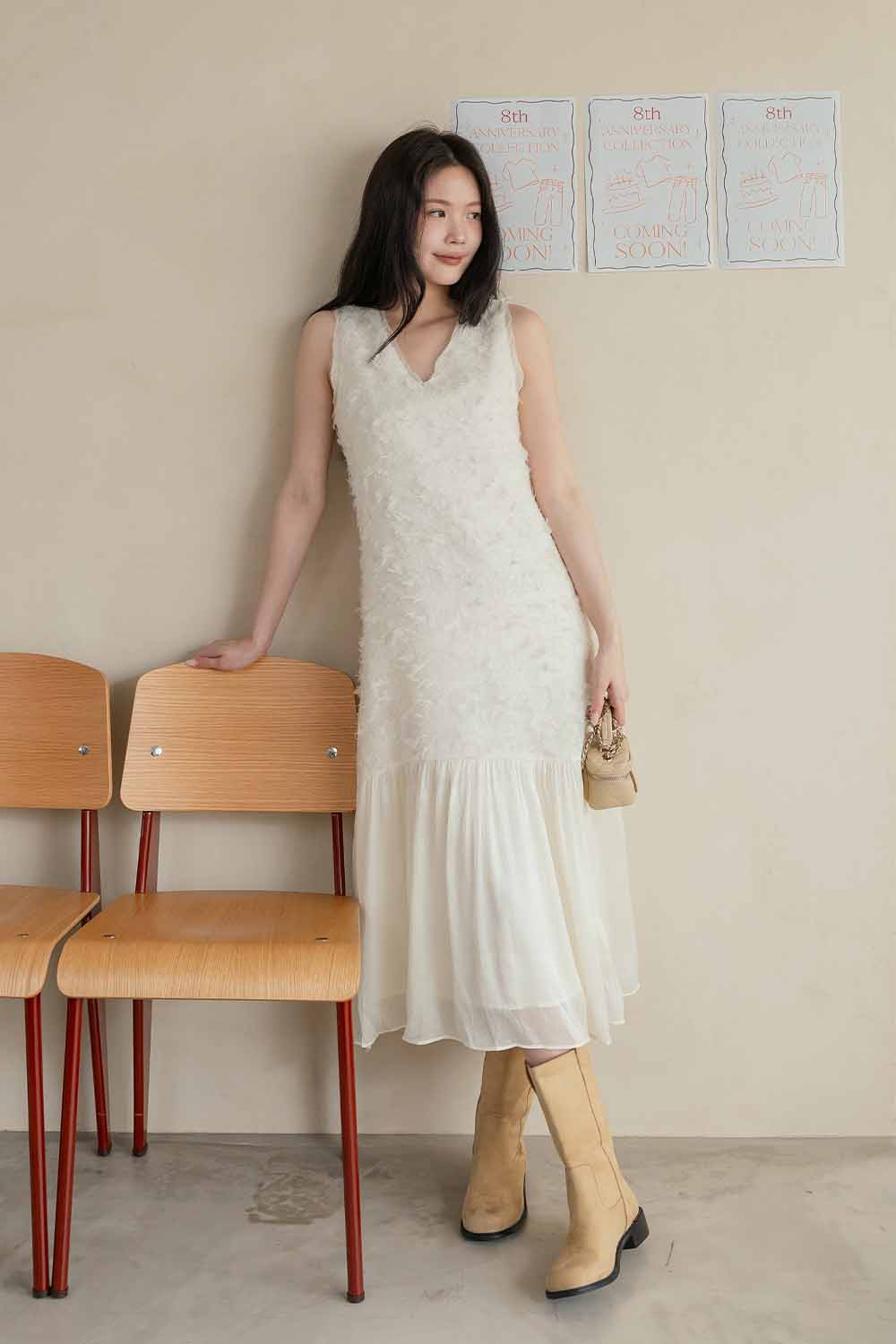 戀愛預告 羽毛緹花拼接背心洋裝