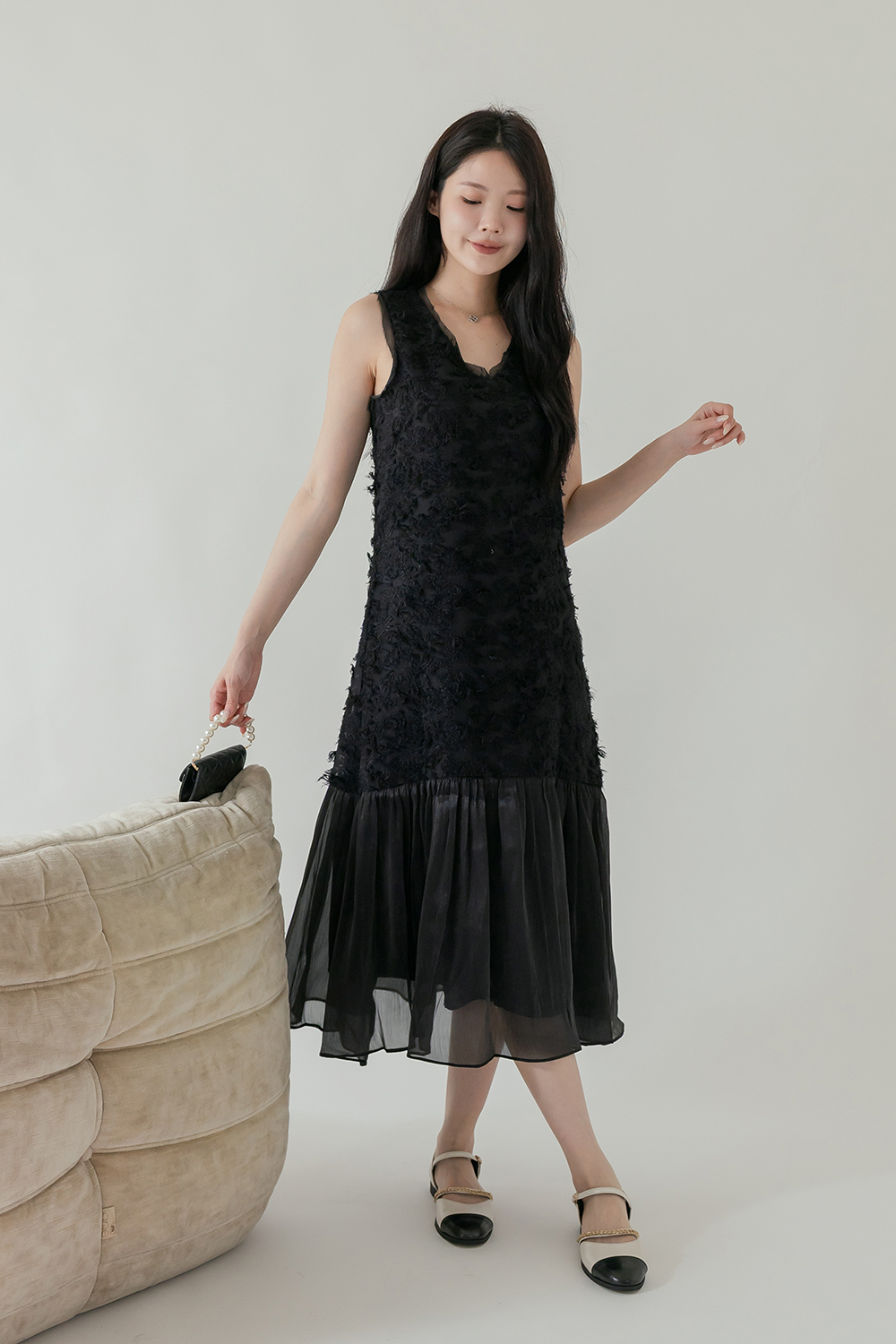 戀愛預告 羽毛緹花拼接背心洋裝