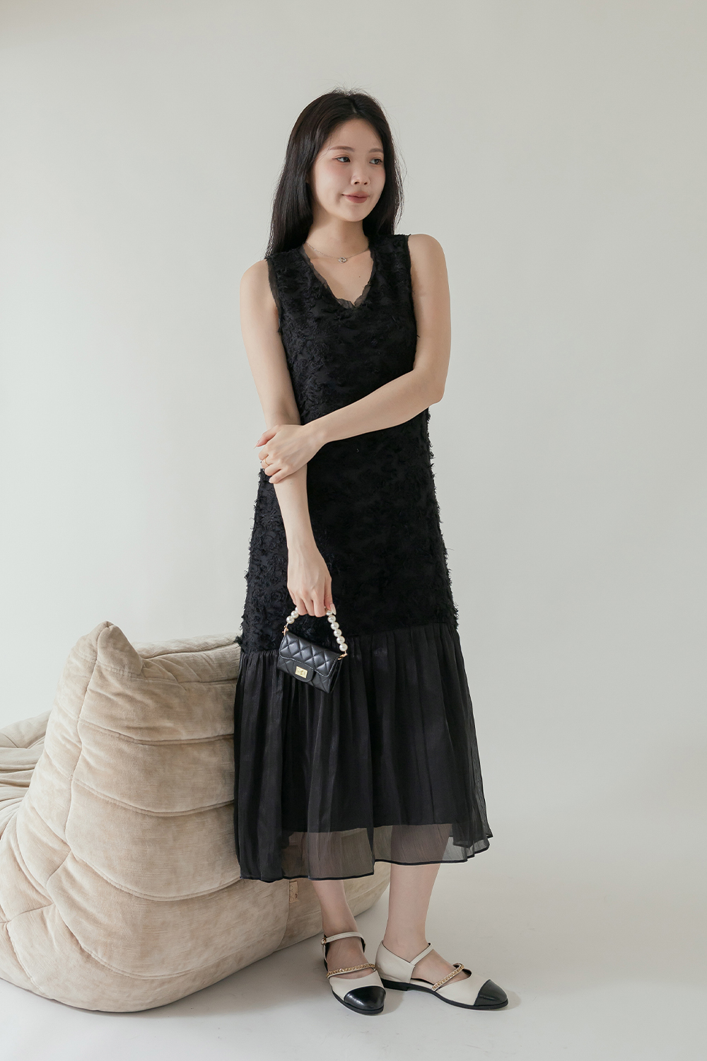 戀愛預告 羽毛緹花拼接背心洋裝