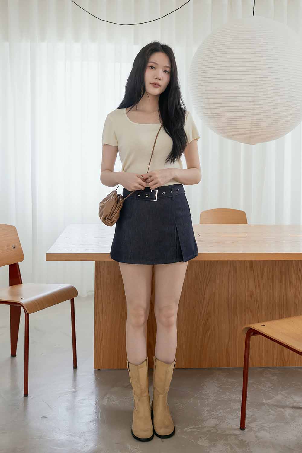 小個子救星 側開衩腰帶牛仔短褲裙 S-L