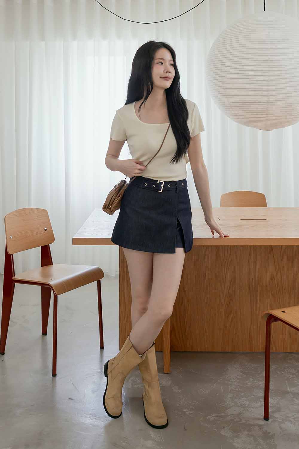 小個子救星 側開衩腰帶牛仔短褲裙 S-L