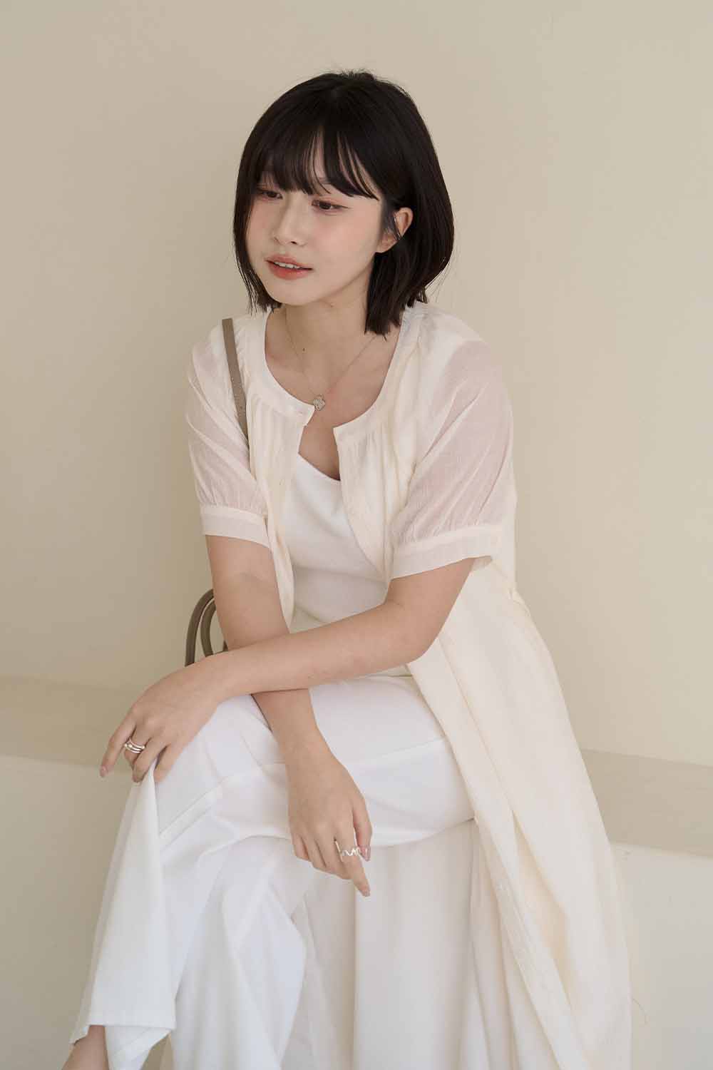 法式氛圍 澎袖開襟短袖長洋裝