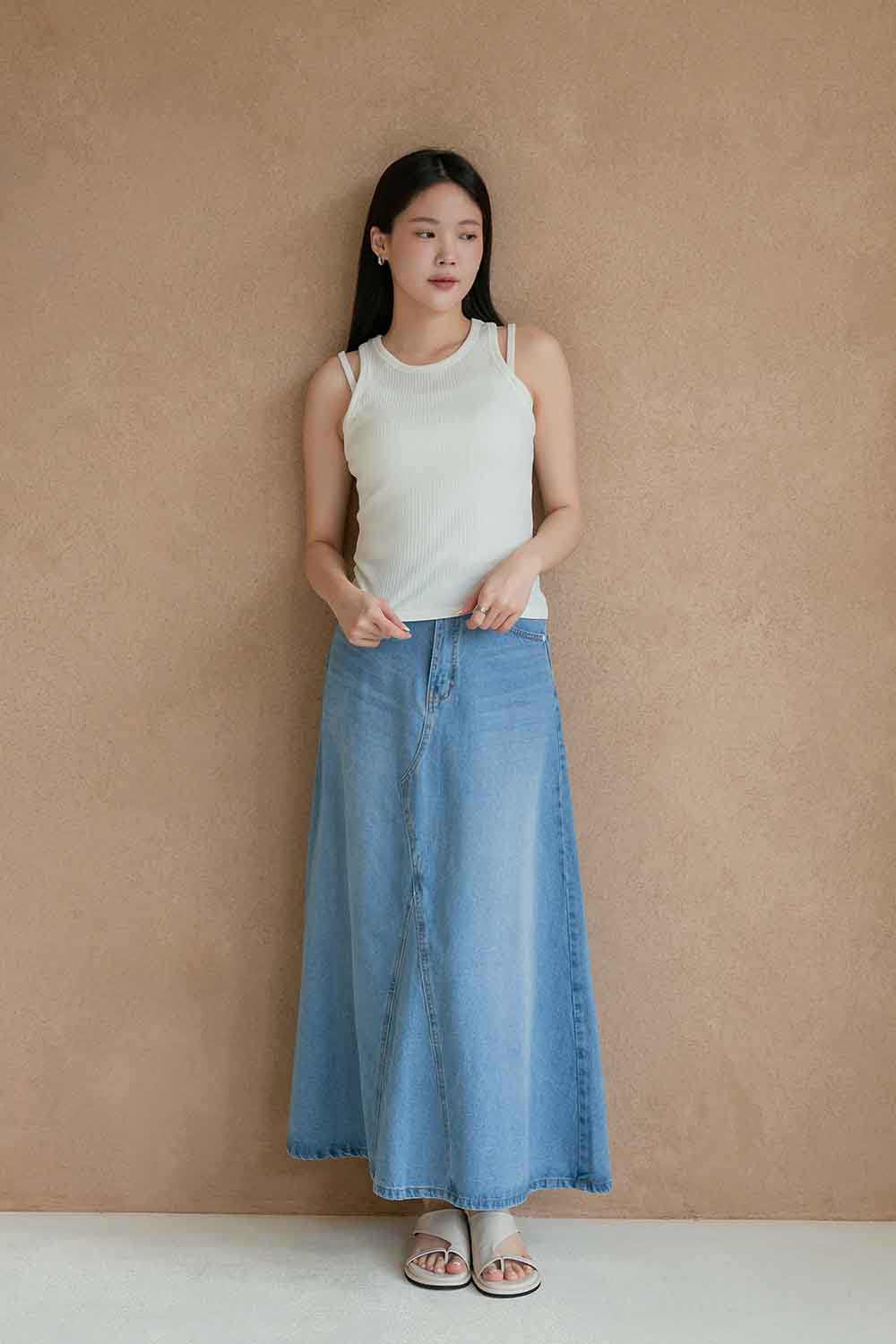 藍色旅程 A字後鬆緊傘擺牛仔長裙 S-XL