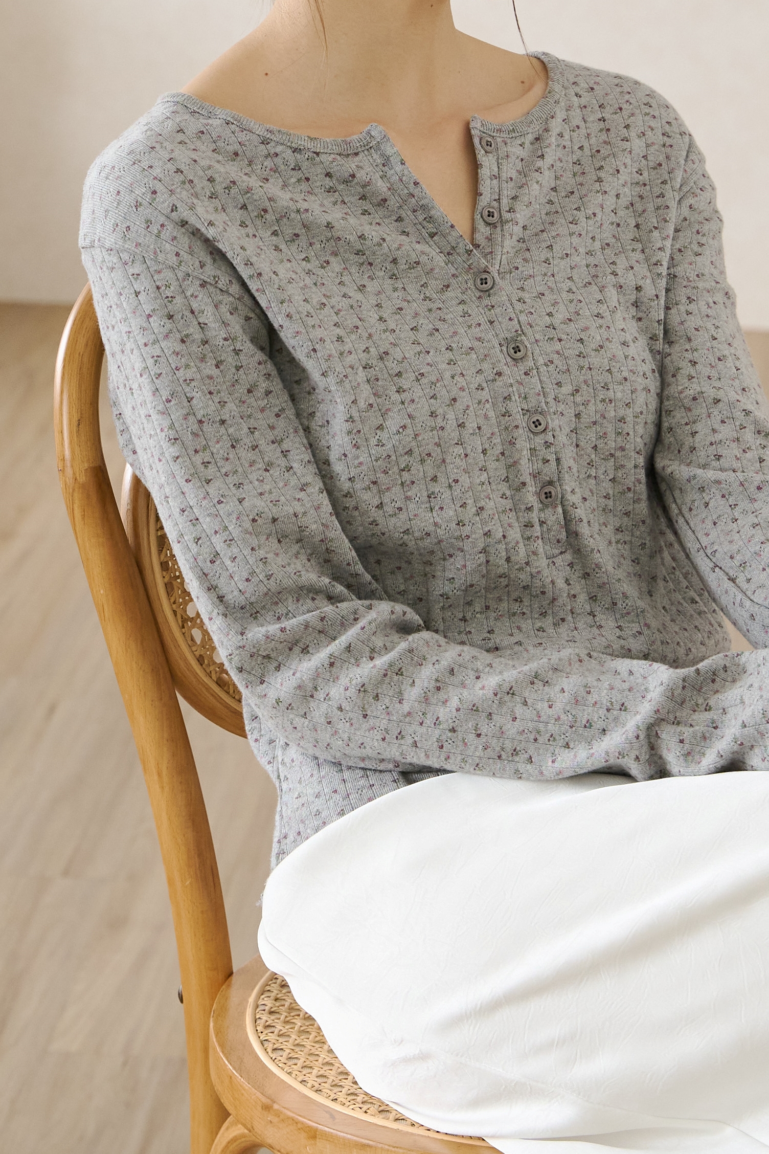 拾花 小碎花半開襟坑條上衣